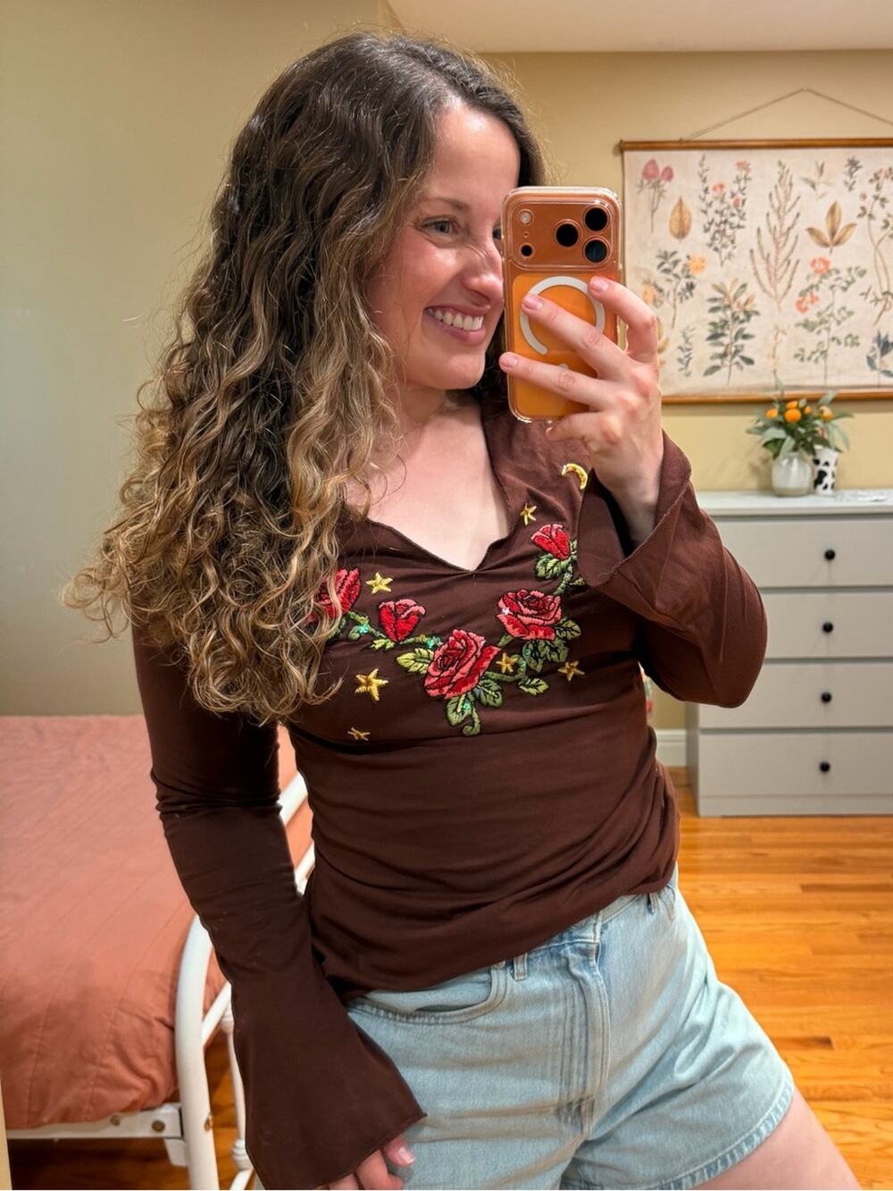 Cruel Girl Brown Long-Sleeve V-Neck Top with Embroidered Red Roses Birds Y2K L
